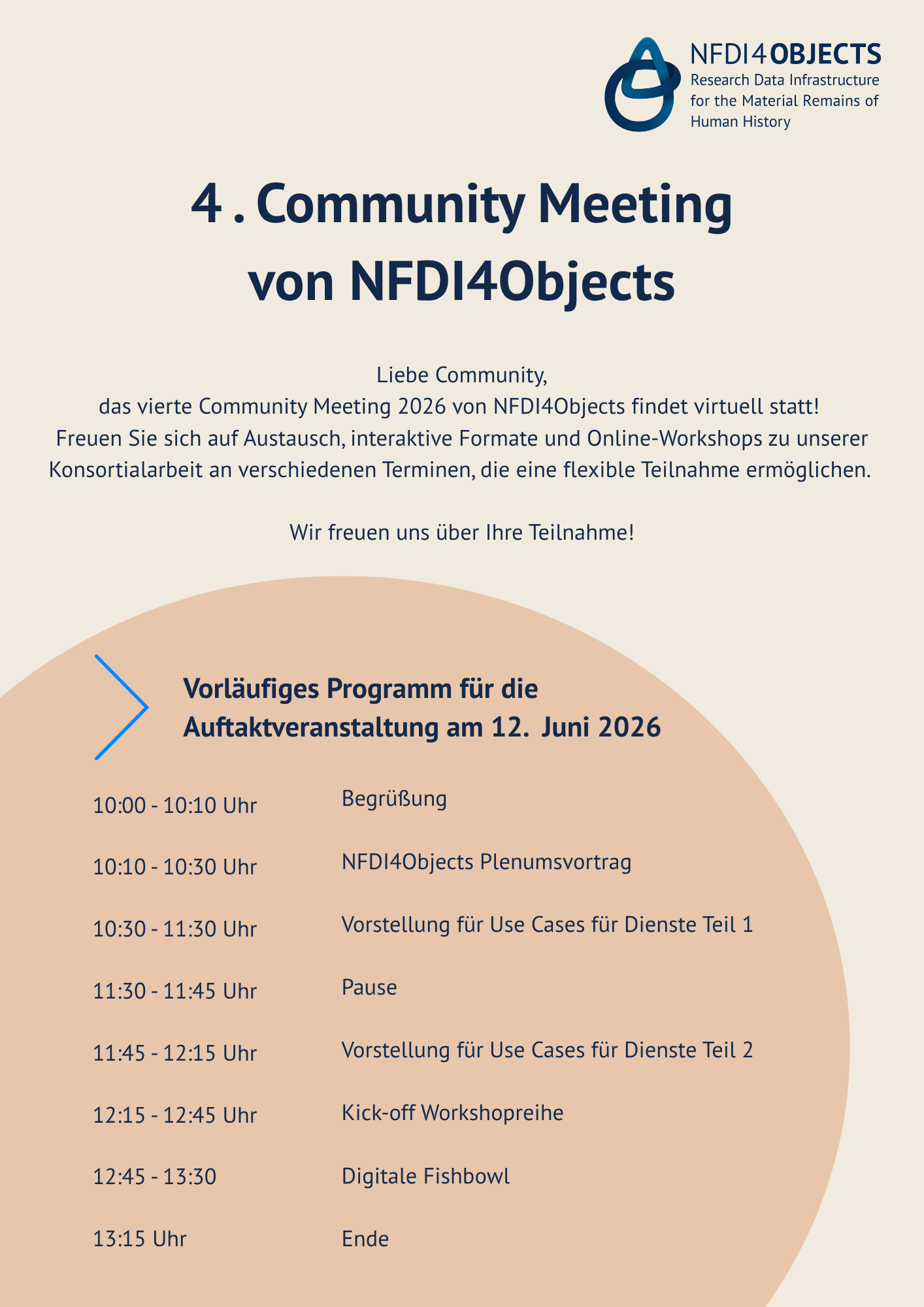 Grafik mit dem vorläufigen Programm im NFDI4Objects Corporate Design